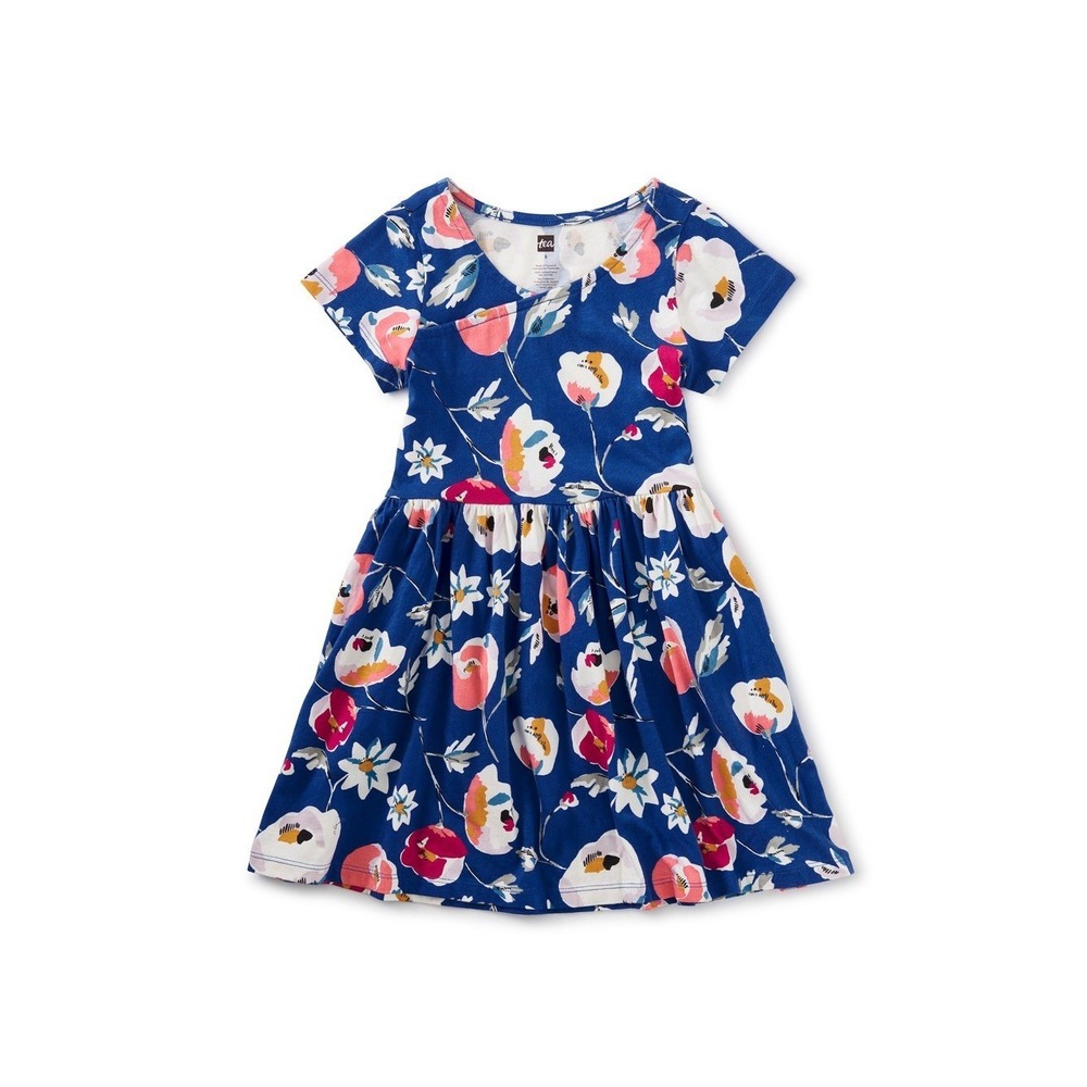 Tea Brand Girls Short Sleeve Wrap Neck Dress Size 8 Blue Floral Colorful‎ Cotton
